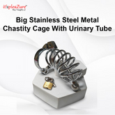 Big Stainless Steel Metal Chastity Cage with Urinary Tube on a white background, featuring 'it'spleaZure' branding.